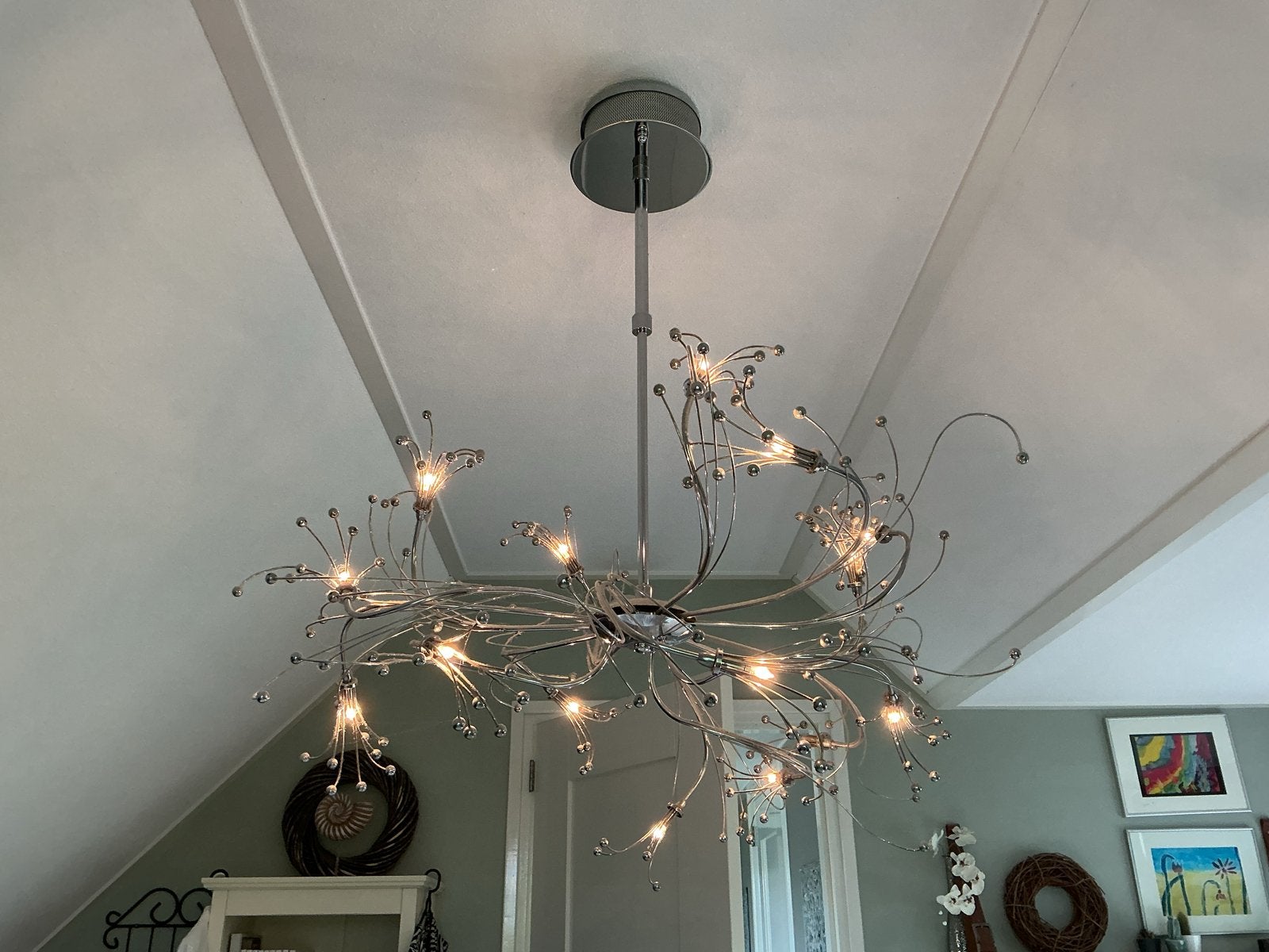 Moderne design hanglamp, chroom met glazen bolletjes, Ophalen, Gebruikt, Glas, 75 cm of meer