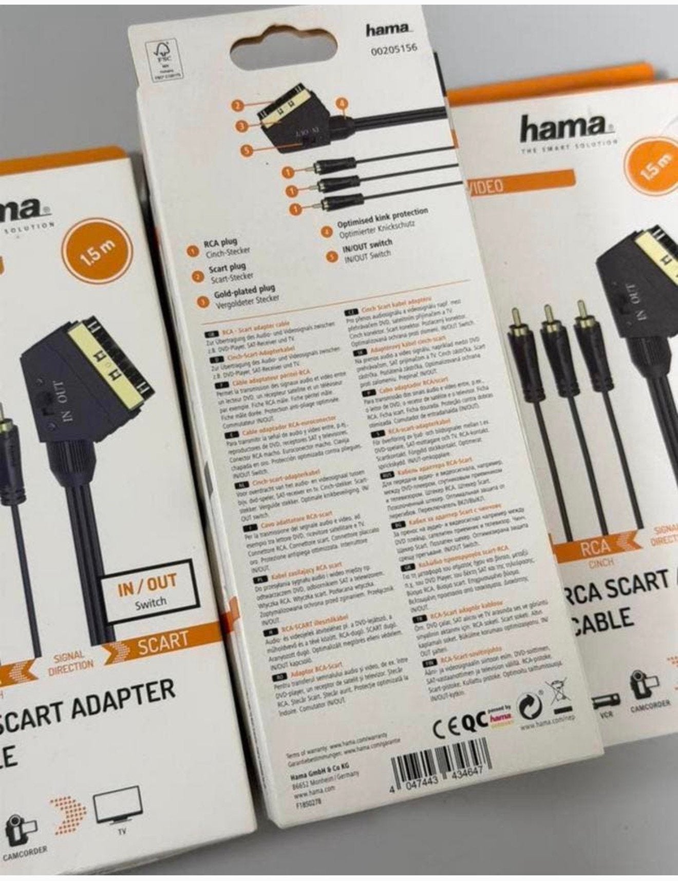 4x Hama Videokabel Scartkabel- 3 Cinch-stekkers (video) 1,5M, Scartkabel, Nieuw, Ophalen of Verzenden, H