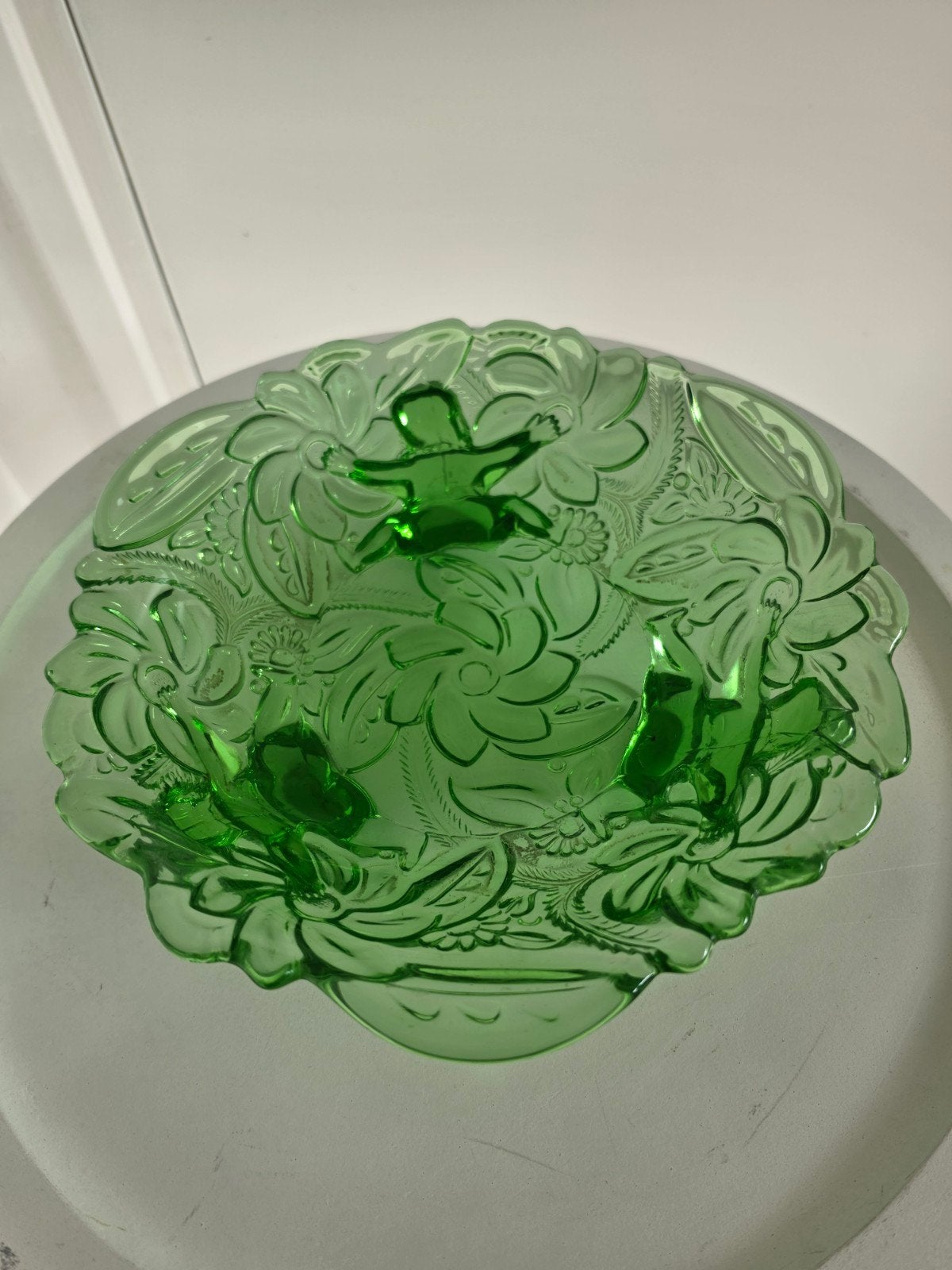 Vintage Groene Glazen Fruitschaal met Bloemenpatroon, Ophalen of Verzenden