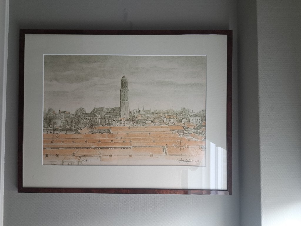 Zeefdruk binnenstad/Perperbus Zwolle/Teun van der Veen/'75, Antiek en Kunst, Kunst | Litho's en Zeefdrukken, Ophalen, Zeefdruk