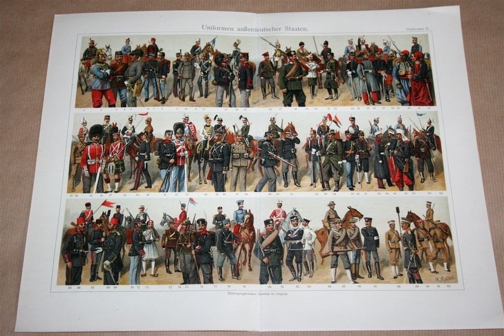 Antieke kleurenlitho - Uniformen legers van de wereld - 1900, Ophalen of Verzenden