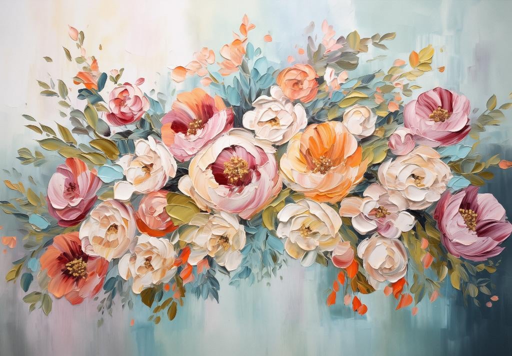 Bloemen fotobehang Geschilderde Pioenrozen, Fotobehang4you, Verzenden