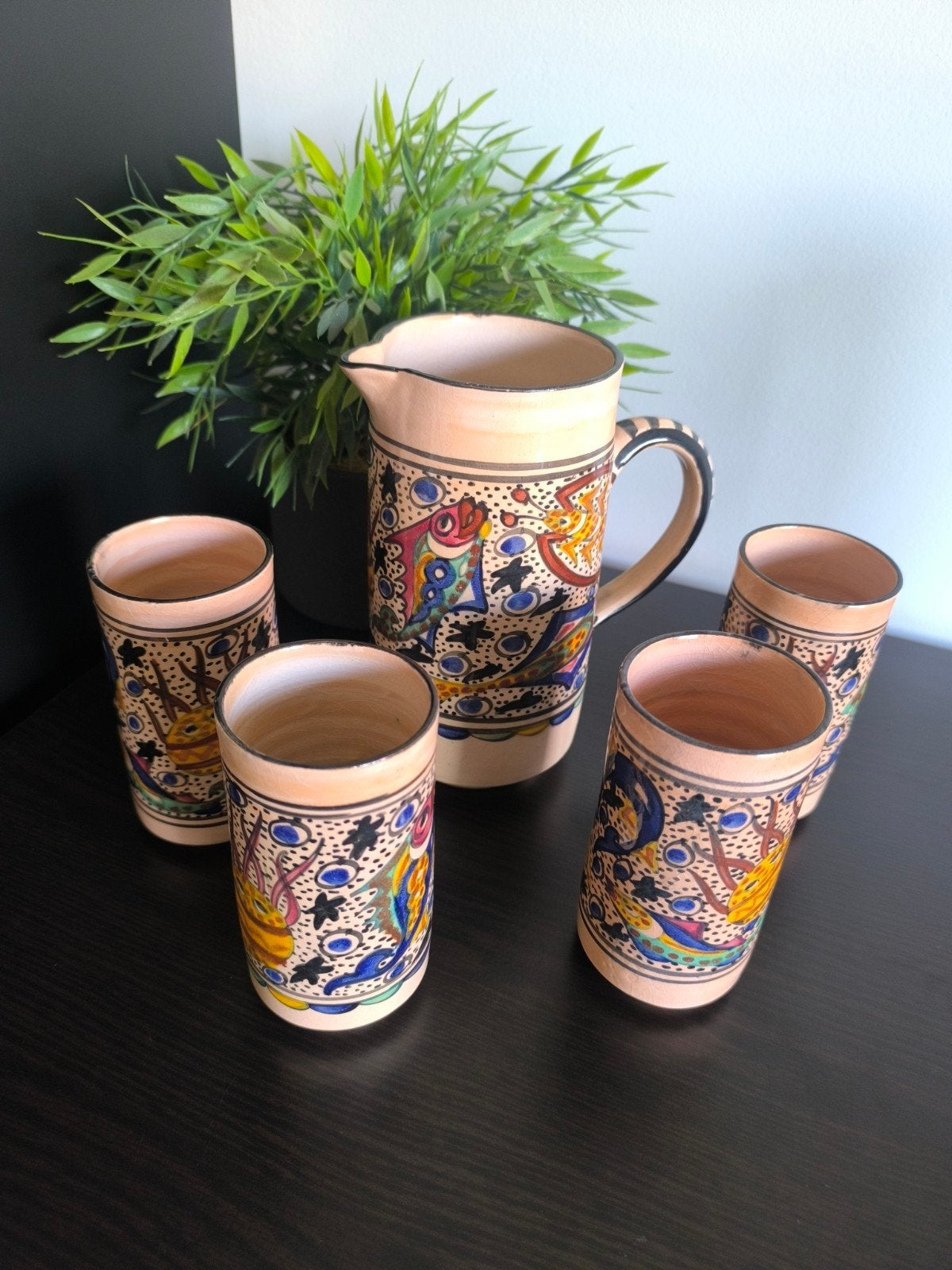 Prachtige Vintage Tunesische Aardewerk Karaf Set  Benna, Ophalen
