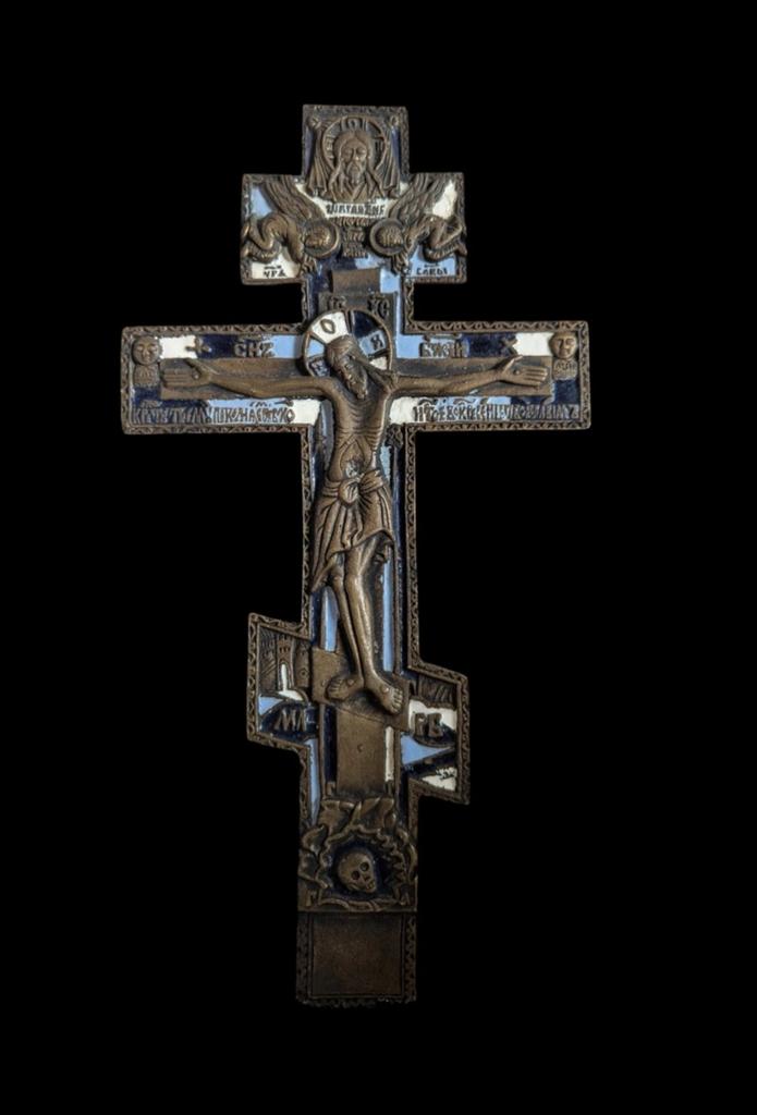 Antiek Russisch Bronzen Kruis met Christusfiguur, Antiek en Kunst, Ophalen of Verzenden