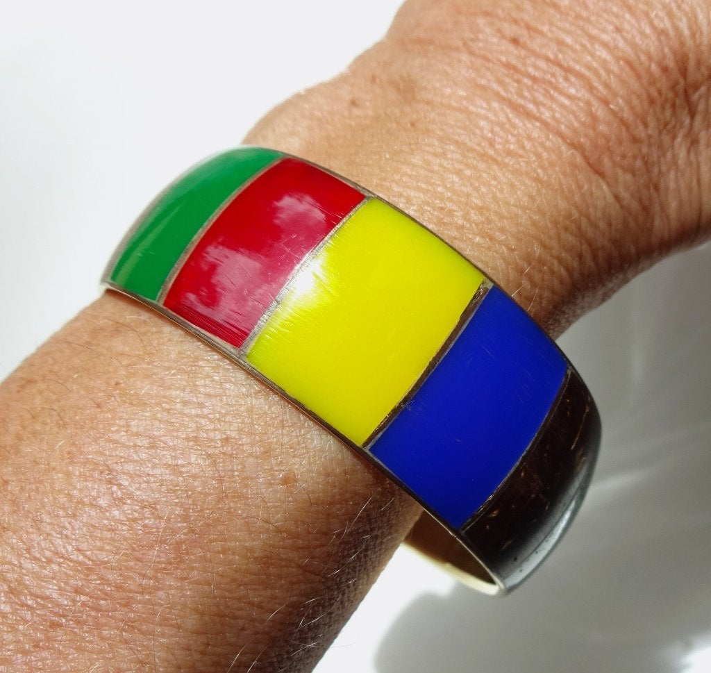 Vintage Afrikaanse koper armband: ingelegd kokosnoot + been, Ophalen of Verzenden, Zo goed als nieuw, Overige kleuren, Overige materialen