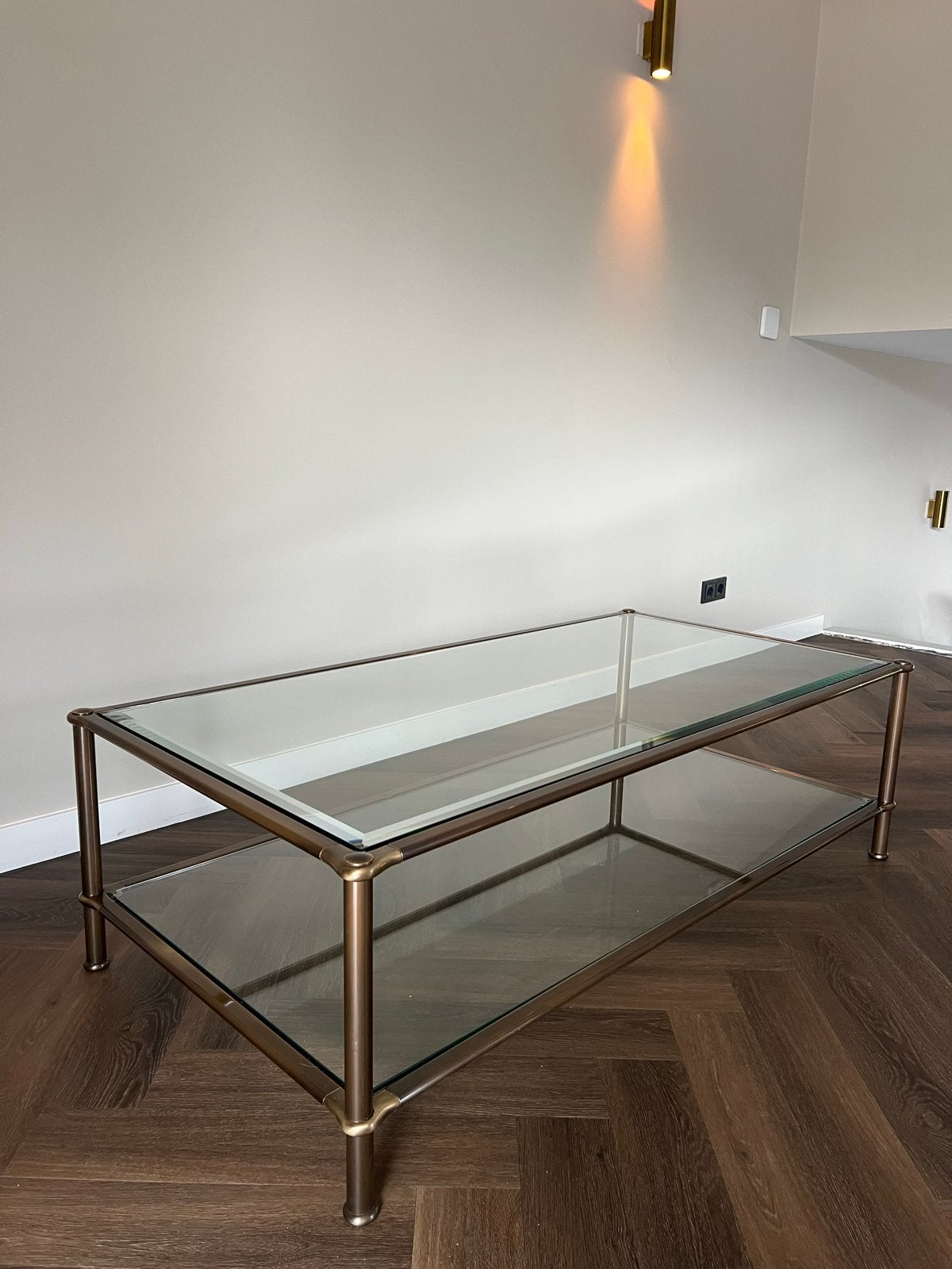 Glazen retro salontafel met messing frame, Huis en Inrichting, Ophalen, 100 tot 150 cm, 50 tot 100 cm, Glas