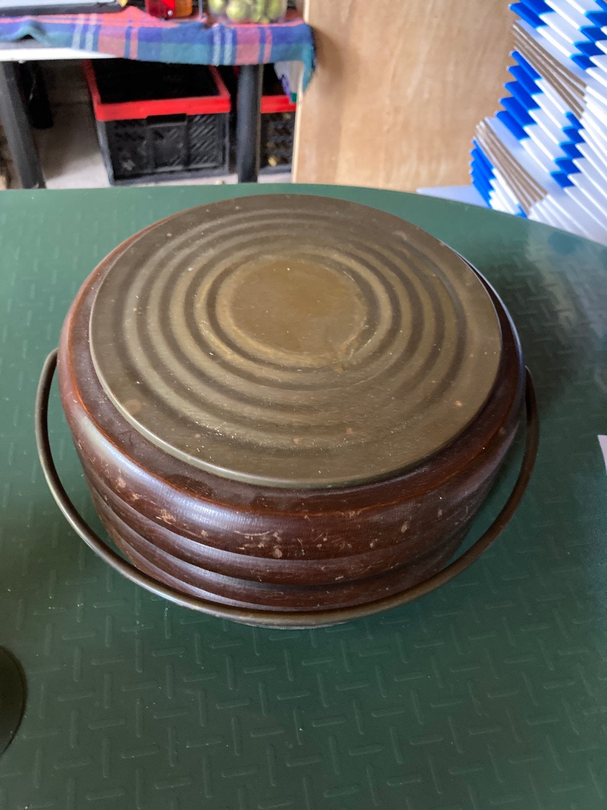 Antieke voetenstoof, Ophalen, Gebruikt, Rond, Hout