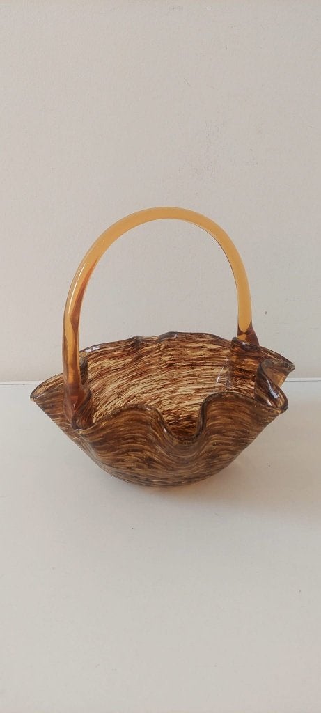 Vintage Amberkleurige Glazen Schaal mand Handgemaakt, Ophalen of Verzenden