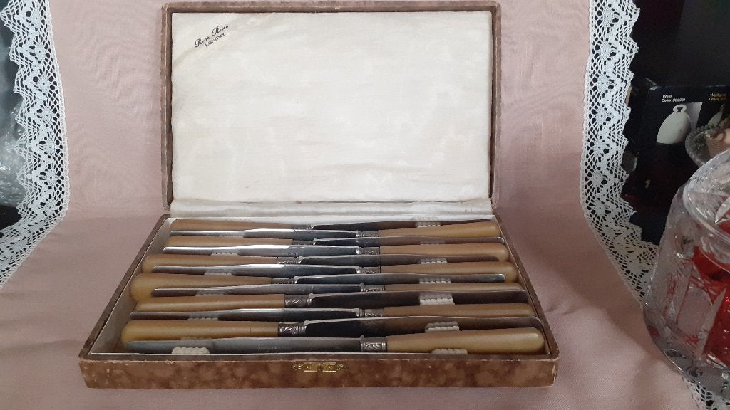 Cassette met 12 oude TAFELMESSEN met Heft van Bakeliet, Ophalen of Verzenden