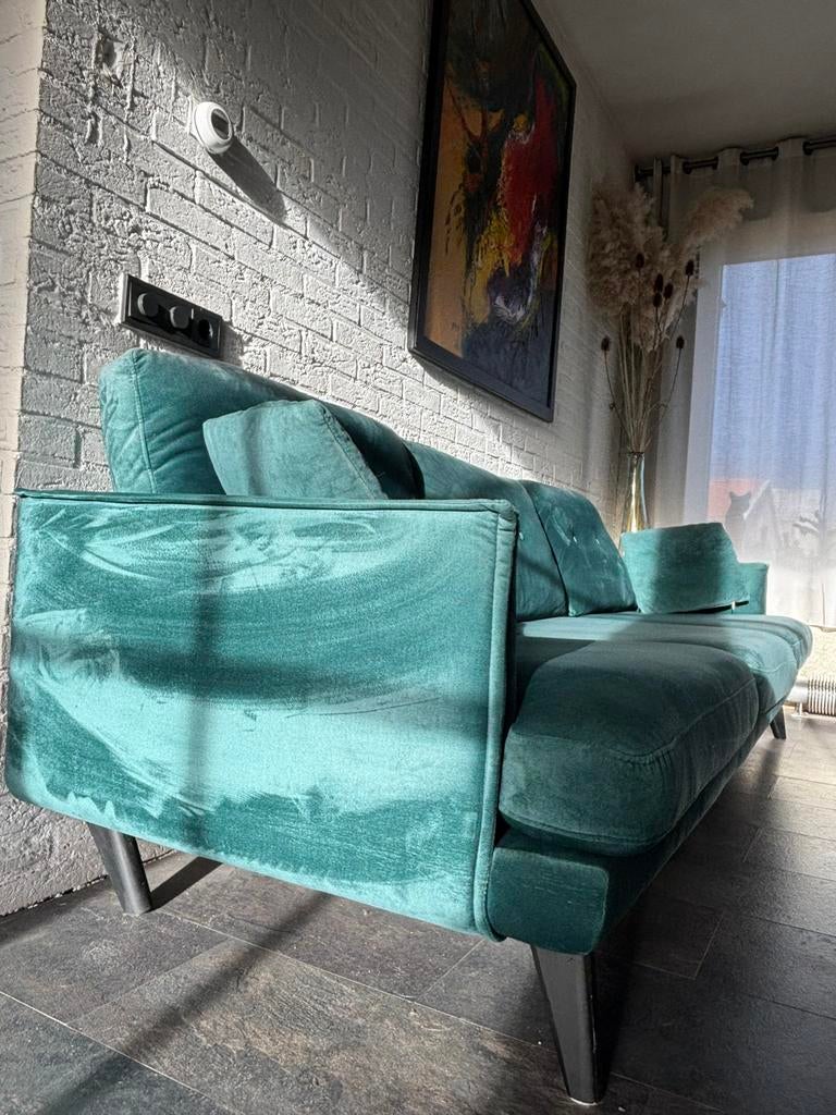 Velvet groene 4 persoons bank, Ophalen, 250 tot 300 cm, 75 tot 100 cm, Zo goed als nieuw