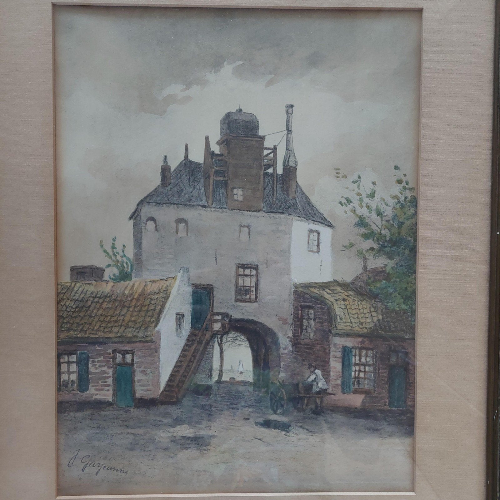 Tekening/aquarel Vispoort Harderwijk J.J. Garjeanne, Ophalen of Verzenden, Tekening, Aquarel, Gesigneerd