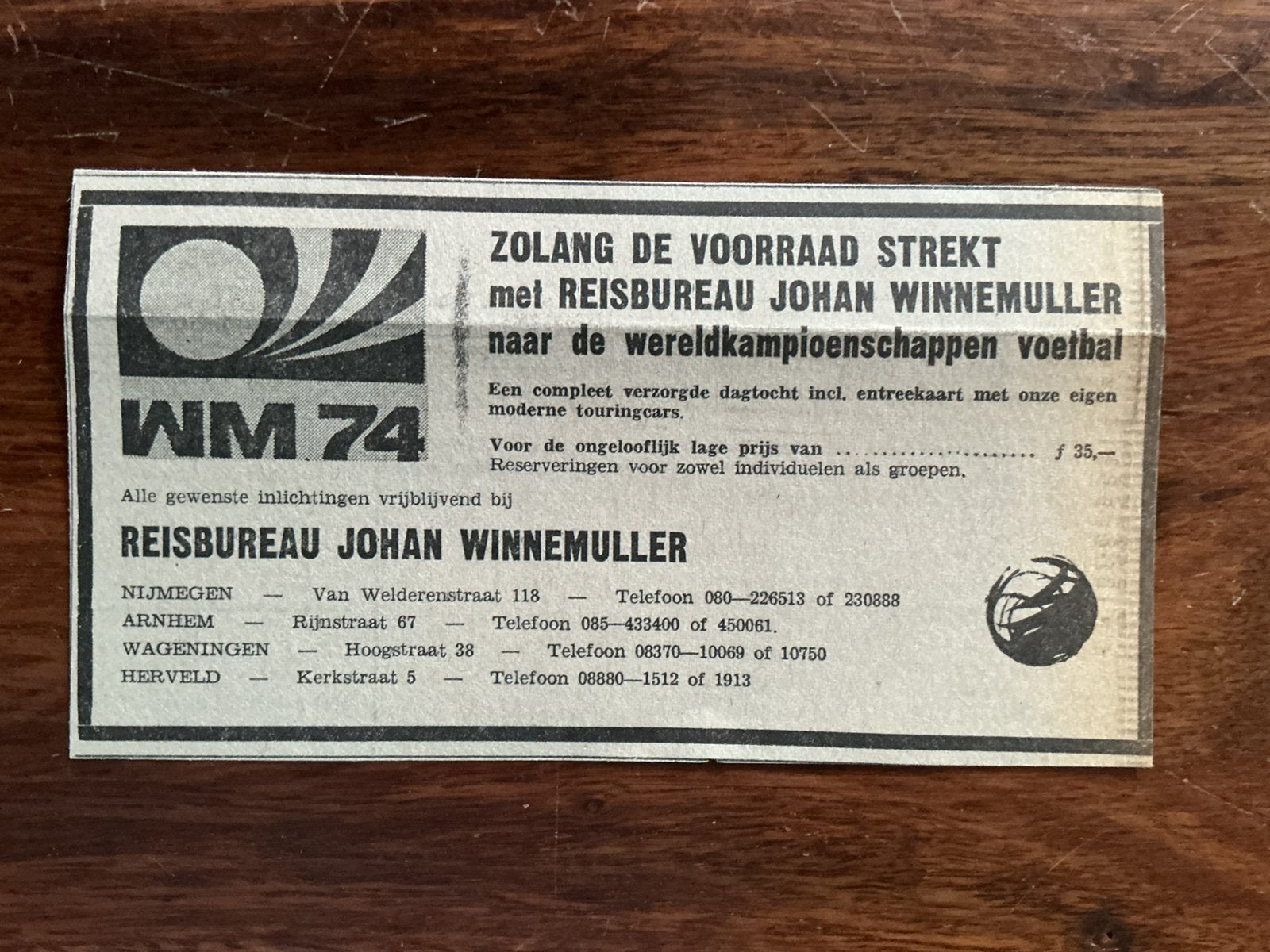 Voetbal reklame reis en entreekaart WK 1974, Ophalen of Verzenden, 1960 tot 1980, Knipsel(s)