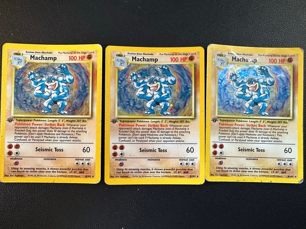 3x Machamp First Edition Pokémon Kaart (8/102) - Base Set, Ophalen of Verzenden, Gebruikt, Meerdere kaarten