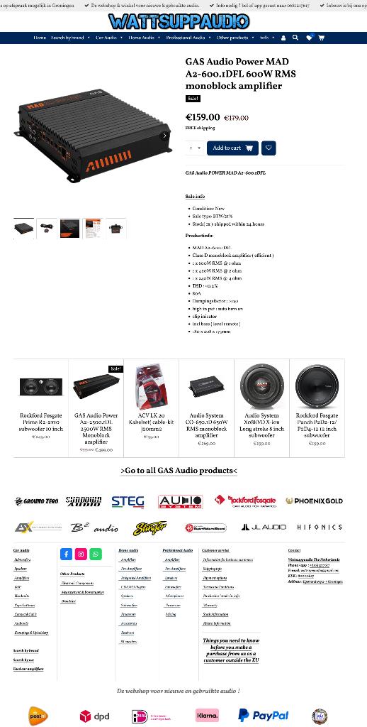 GAS Audio Power MAD A2-600.1DFL 600W RMS Monoblok versterker, Info@optimount.nl, Nieuw, Ophalen of Verzenden, Anholtseweg 48A 7091 HB DINXPERLO