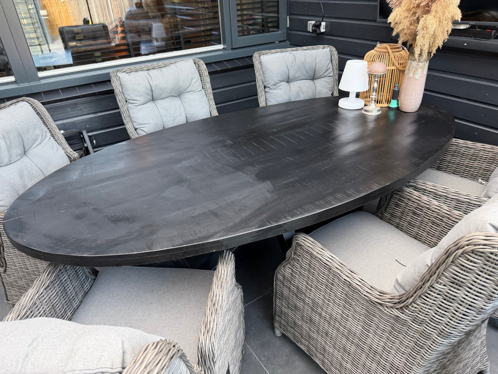 Ovale eettafel met matrix poten - 220x110 cm, Tuin en Terras, Ophalen of Verzenden, Gebruikt, Ovaal, Hout