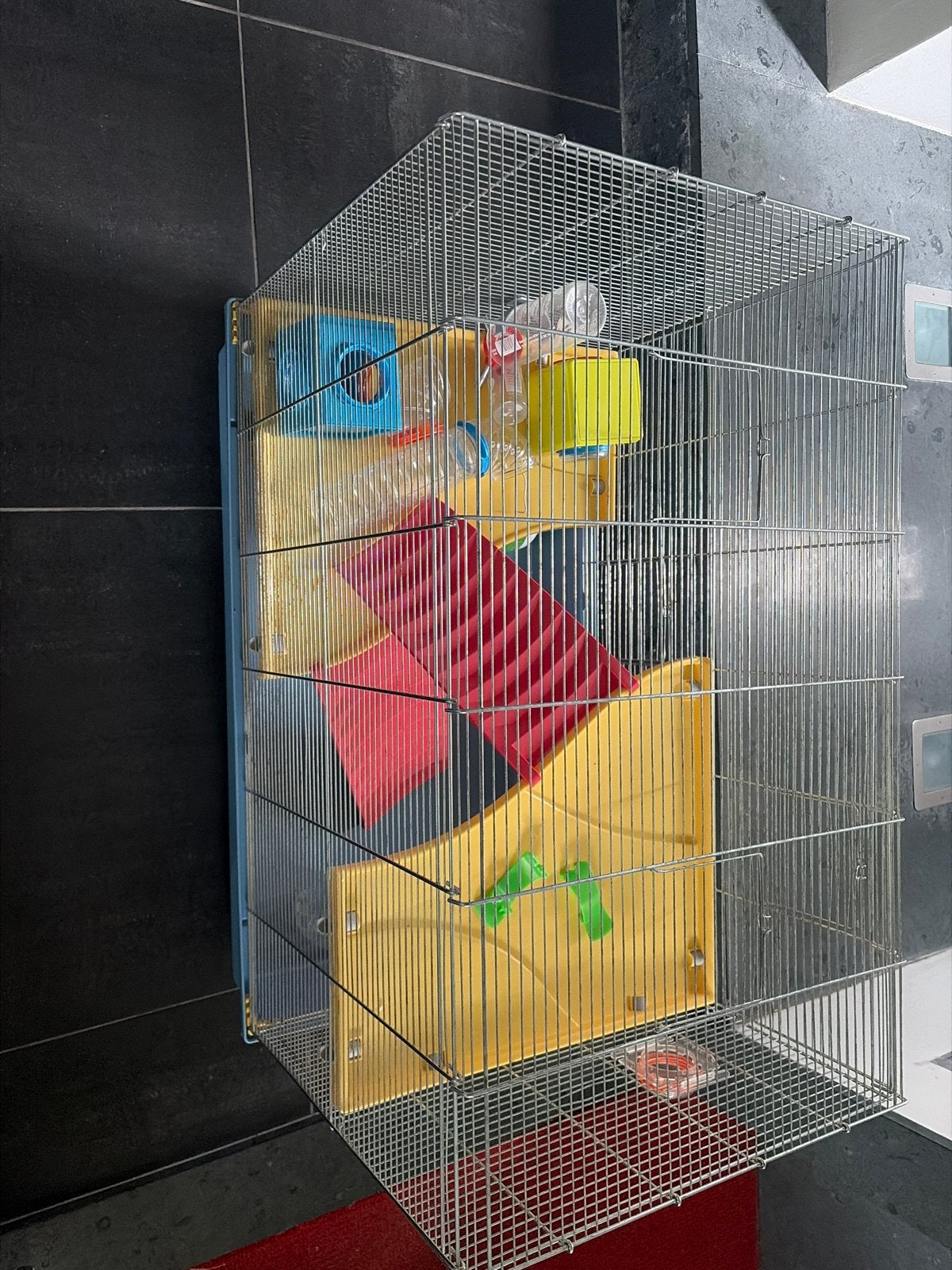 Groot hamsterkooi + bodembedekking en rad, voerbakje, Dieren en Toebehoren, Ophalen, Gebruikt, Loopwiel of Rad