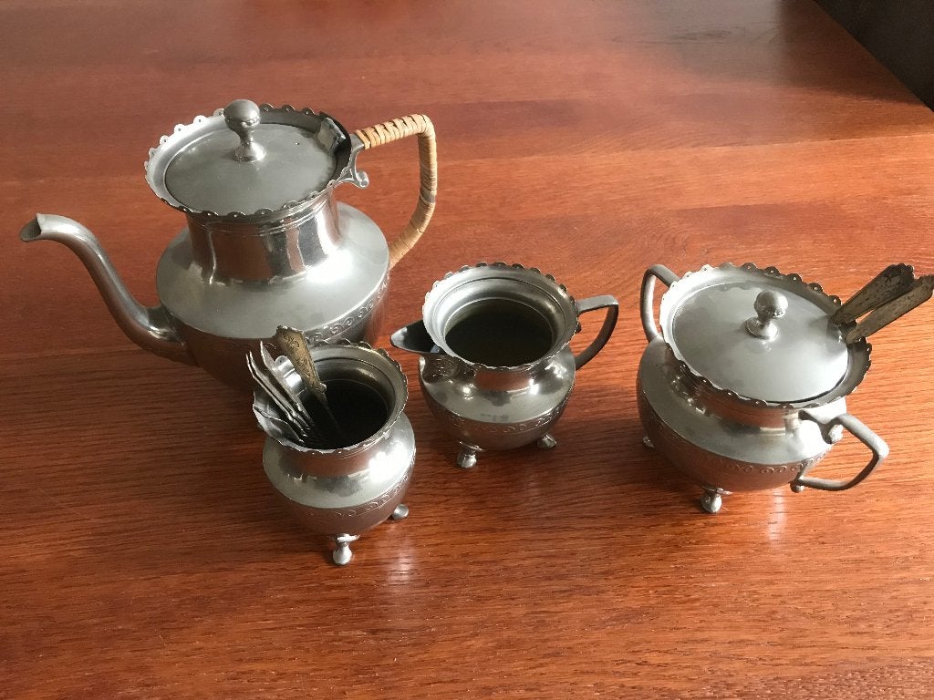 Antiek Tinnen Theeservice - ABK 1918 RIO Tiel (9-delig), Antiek en Kunst, Antiek | Tin, Ophalen
