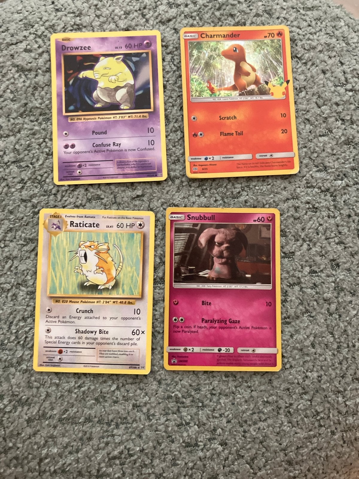 Pokémon Kaarten Set: Drowzee, Charmander, Raticate, Snubbull, Ophalen of Verzenden, Gebruikt, Meerdere kaarten