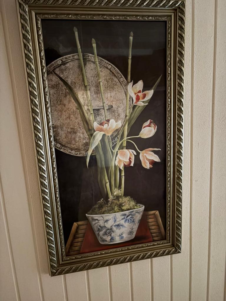 Oosterse Kunstdruk: Orchideeën & Bamboe in Porseleinen Vaas, Antiek en Kunst, Kunst | Schilderijen | Klassiek, Ophalen of Verzenden