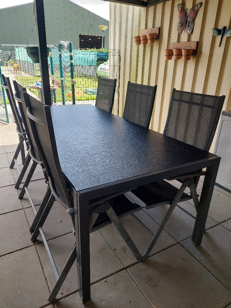 Royal Patio zware Tuintafel (21510075 cm) + 6 Stoelen, Tuin en Terras, Ophalen, Gebruikt, Rechthoekig, Overige materialen