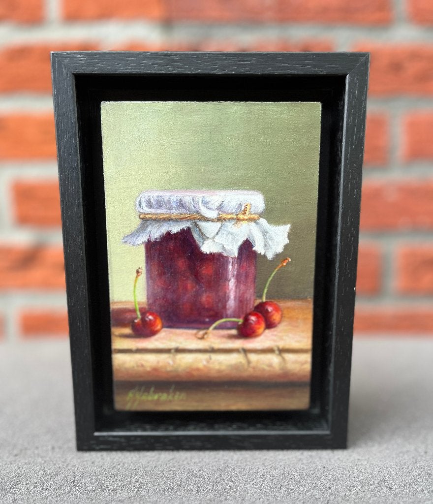 Schilderij kersen in een weckpot op paneel. Hans Habraken., Paneel, Realistisch, Stilleven, Ophalen of Verzenden