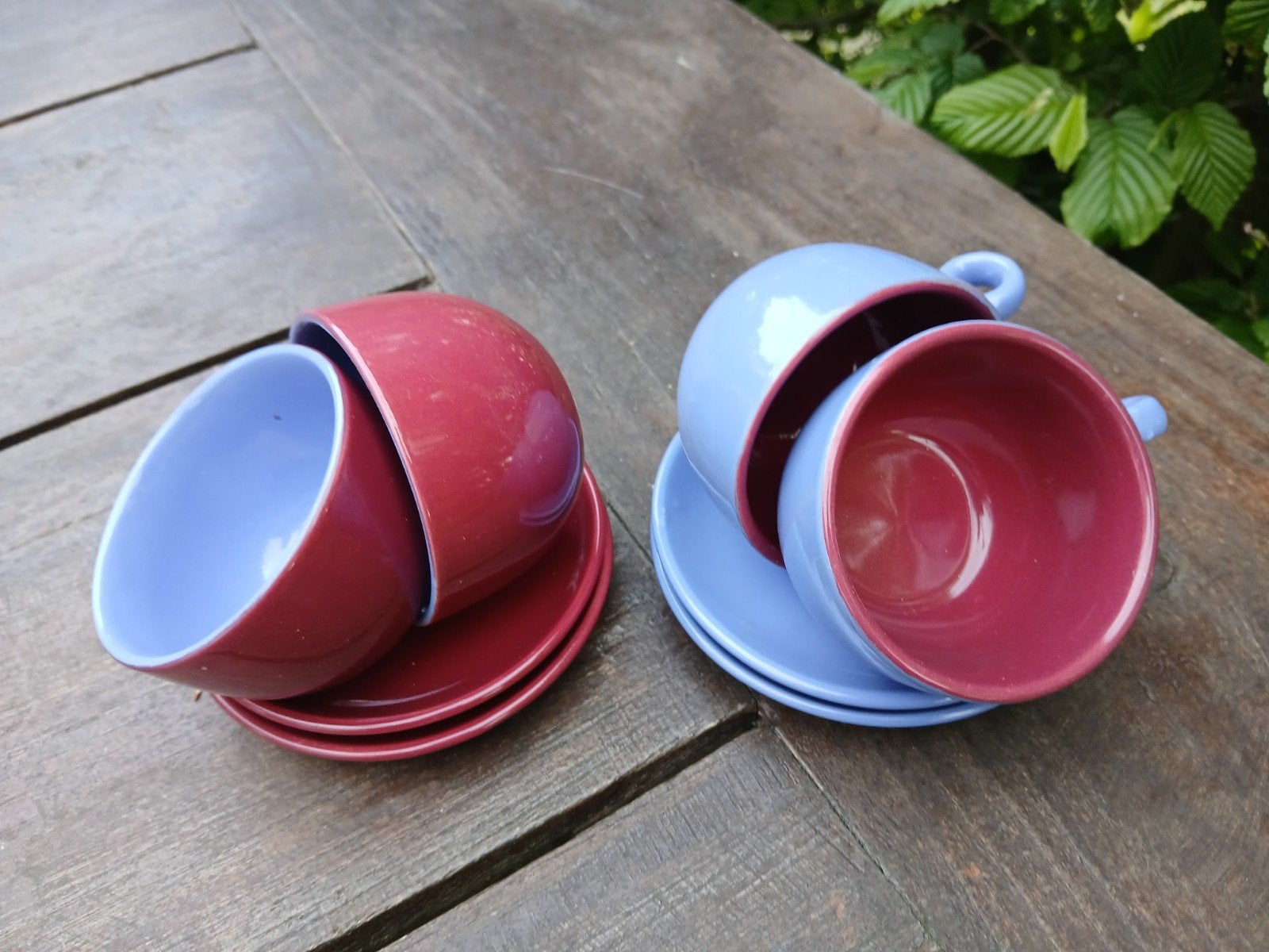 4 espresso kopjes met schoteltje, blauw met rood., Ophalen, Overige materialen, Zo goed als nieuw, Overige stijlen