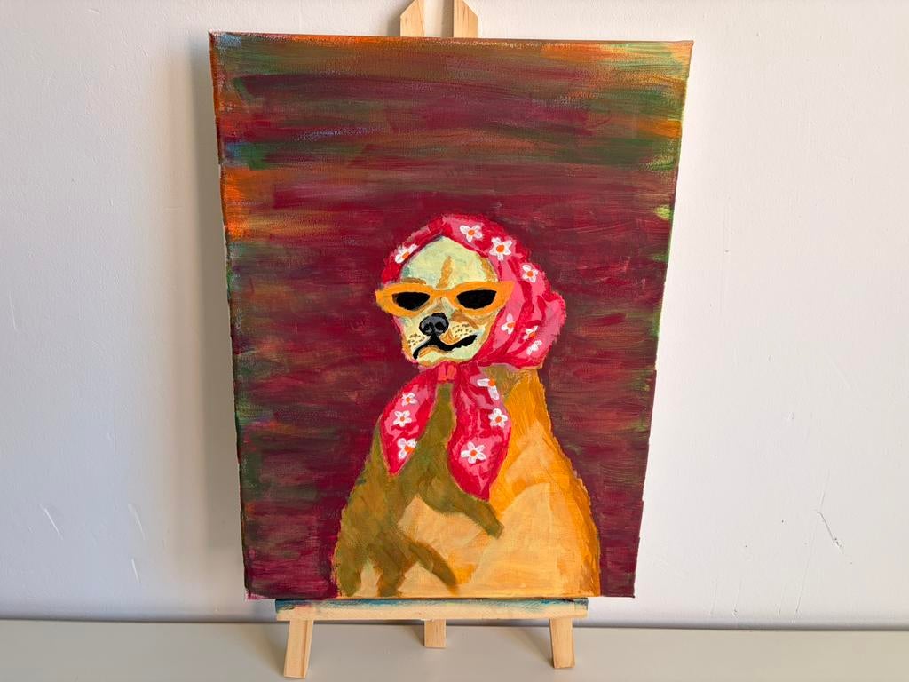 Schilderij - Hippe Hond met Bril en Hoofddoek, Ophalen