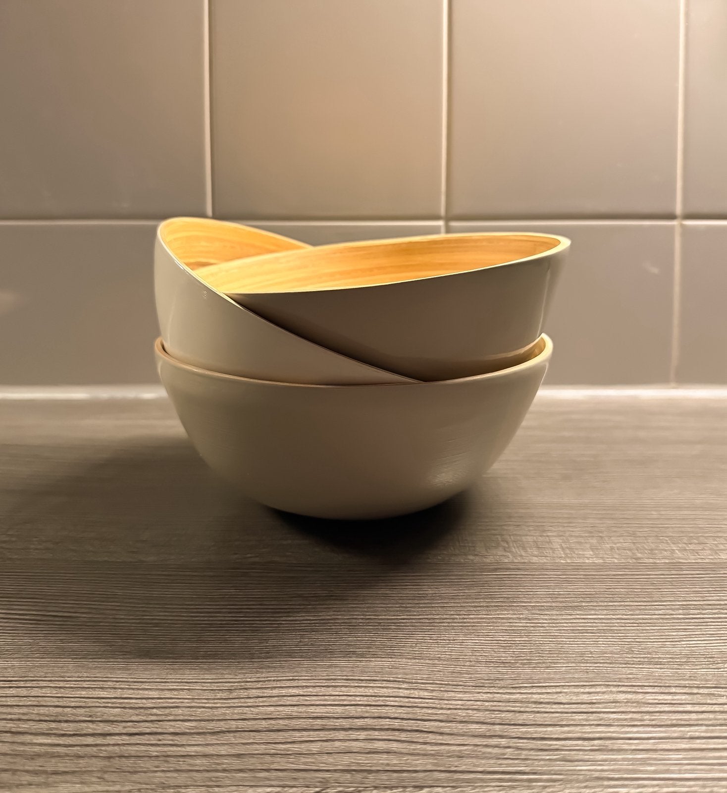 BAMBOE BOWLS set van 3 wit en taupe, Ophalen, Zo goed als nieuw, Kom(men), Overige stijlen