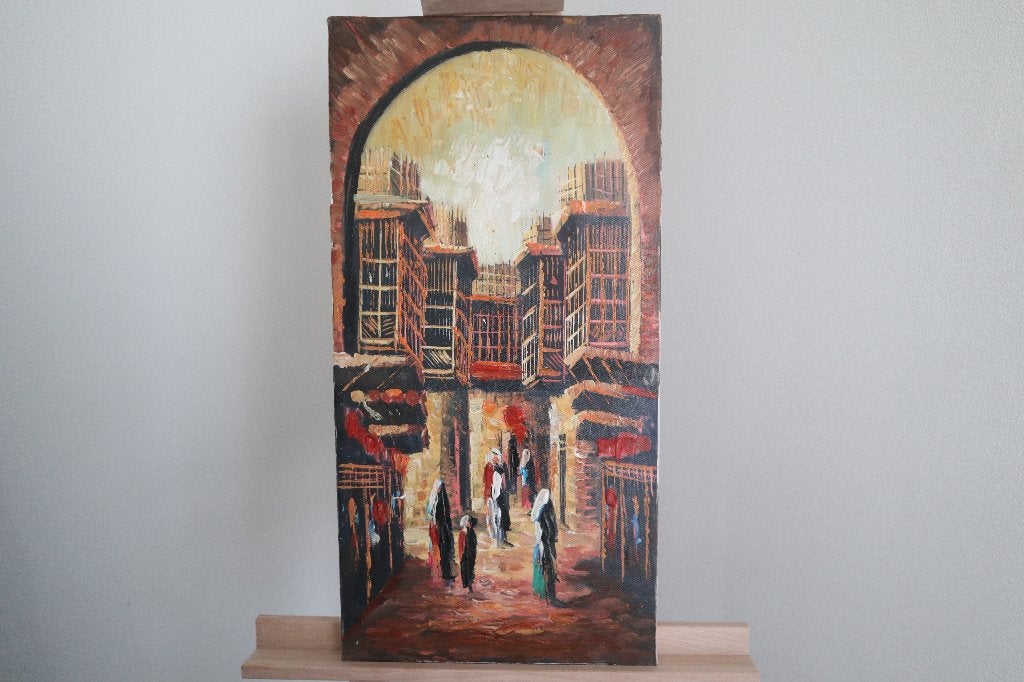 Origineel schilderij -  Arabisch markt (verticaal), Doek, Expressionistisch, Ophalen of Verzenden, Olieverf