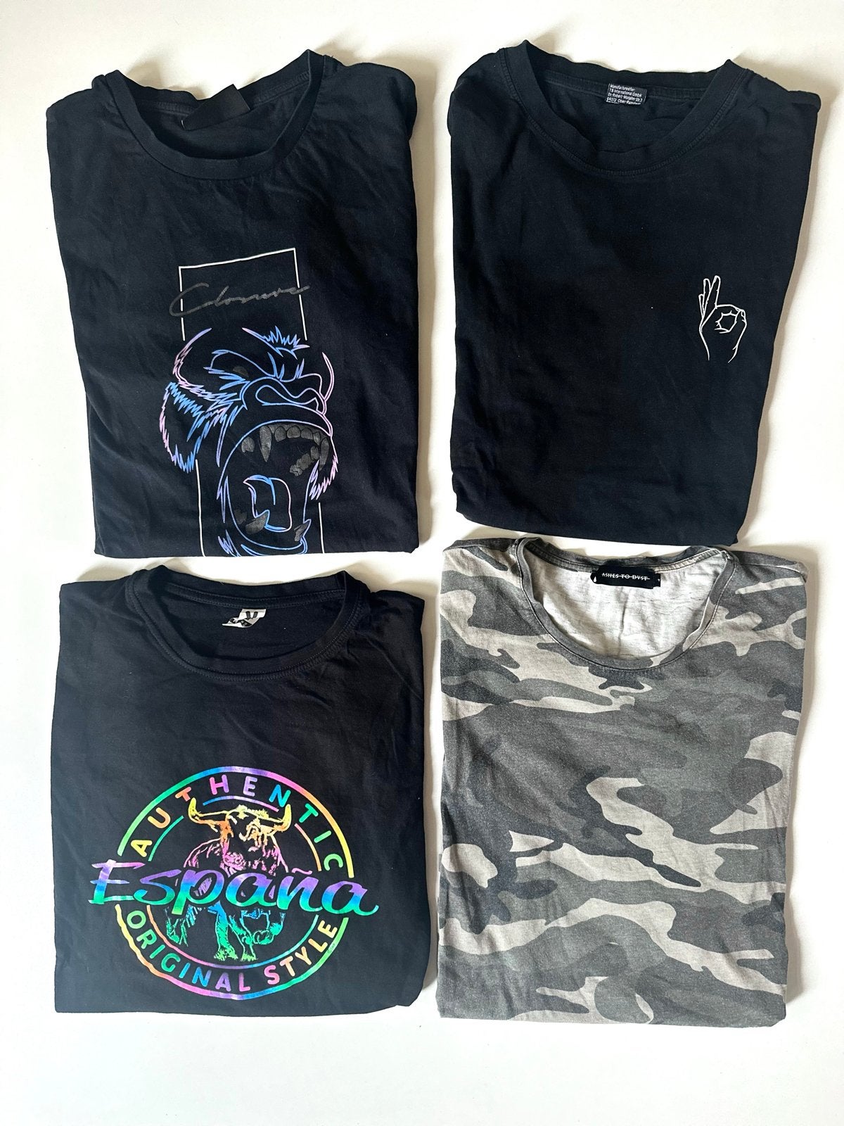 4 Heren T-shirts Maat M - Zwart, Camouflage, Diverse Prints, Ophalen of Verzenden, Gedragen, Maat 48/50 (M), Meerkleurig