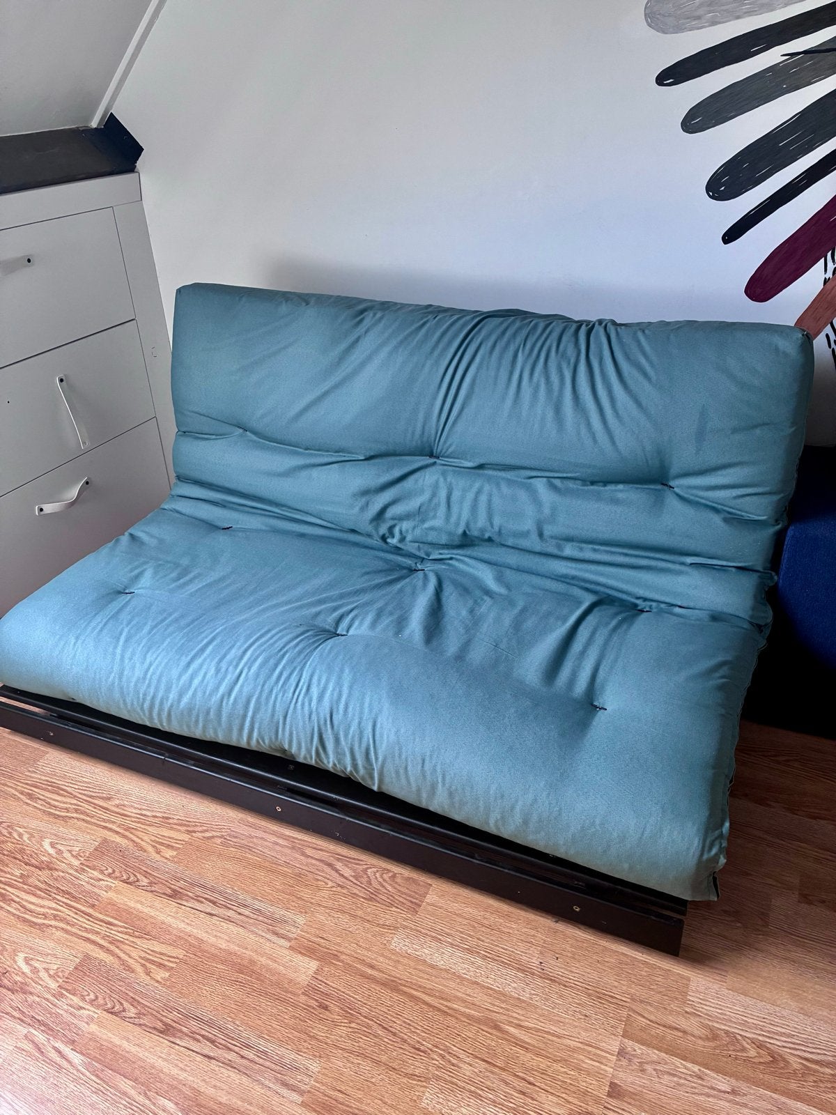 Futon slaapbank blauwgroen - 140 cm breed, Ophalen, Gebruikt, Blauw, Tweepersoons