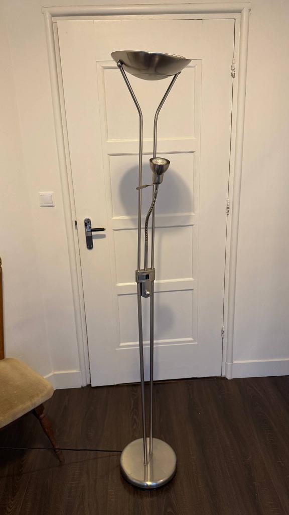 Torchiere floor lamp with adjustable reading lamp, Ophalen, Gebruikt, Glas, Modern