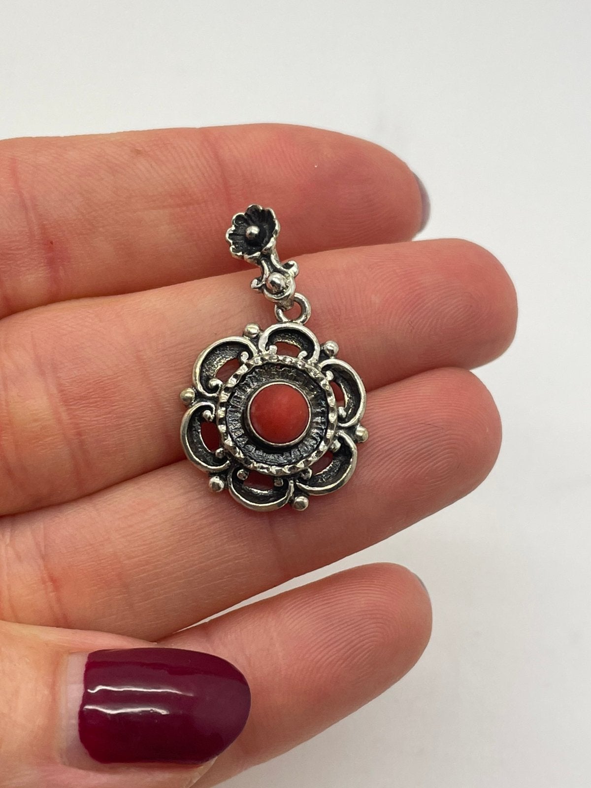 F970 Prachtige zilveren antieke hanger bloedkoraal, Sieraden, Tassen en Uiterlijk, Ophalen of Verzenden, Zilver, Ketting, Met edelsteen