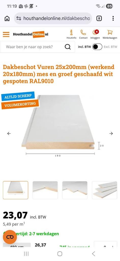 Planken dakbeschot - Vuren, wit gespoten, Doe-het-zelf en Verbouw, Hout en Planken, 25 tot 50 mm, Nieuw, Ophalen of Verzenden