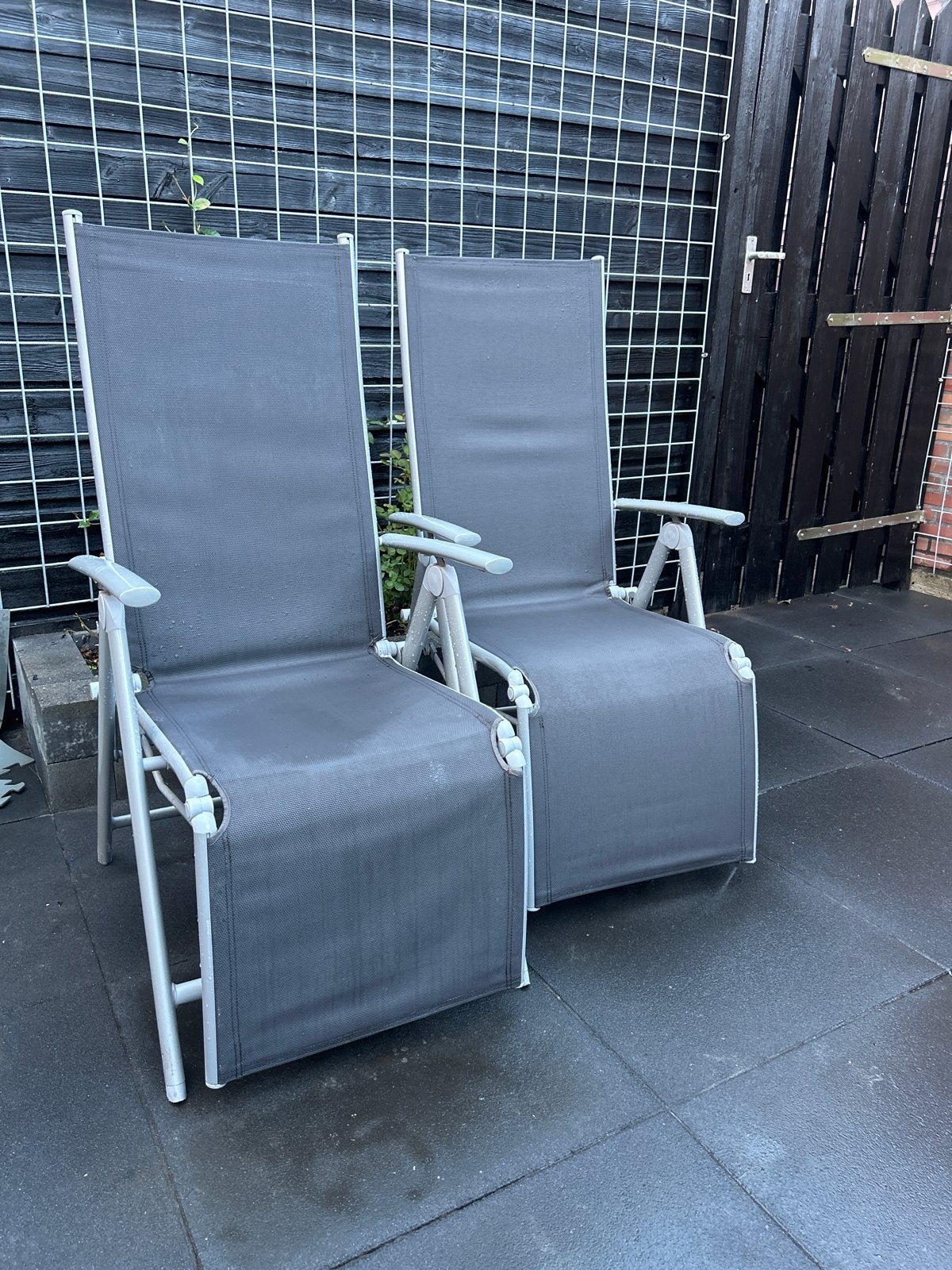 Twee inklapbare tuinstoelen - grijs, Tuin en Terras, Tuinstoelen, Ophalen, Gebruikt, Textileen, Inklapbaar