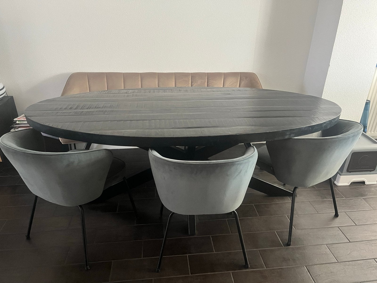 Ovale eettafel met bank en stoelen, Huis en Inrichting, Tafels | Eettafels, Ophalen, Gebruikt, 100 tot 150 cm, 200 cm of meer