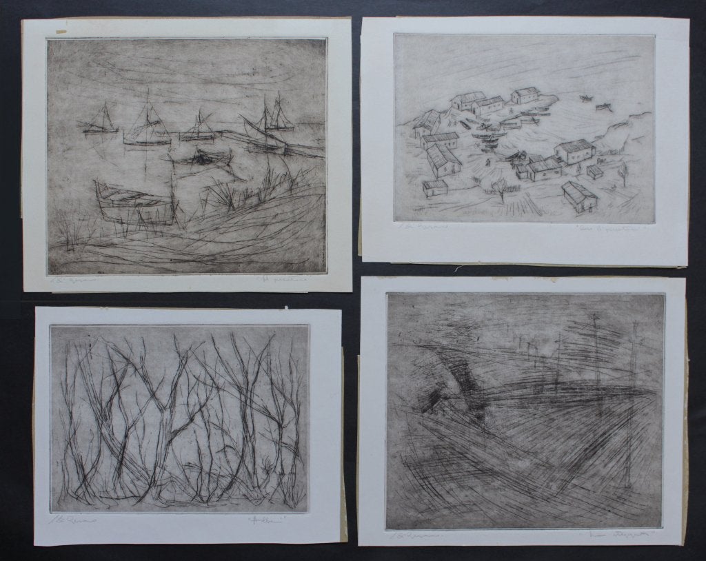 set van vier losse etsen - onduidelijk gesigneerd -, Antiek en Kunst, Kunst | Etsen en Gravures, Ophalen, Landschap, Origineel