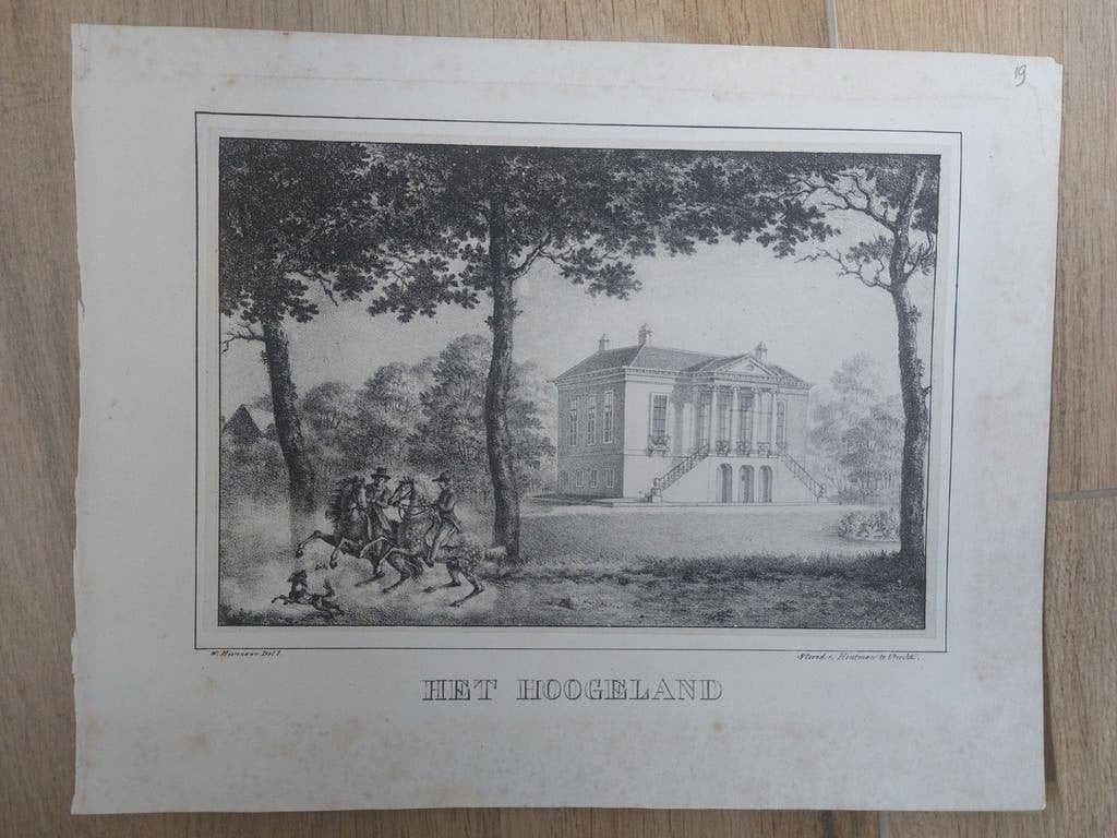 19 Het Hoogeland Biltstraat Utrecht Steendruk uit 1829, Gesigneerd in de plaat, Ophalen of Verzenden, Landschappen, Lithografie