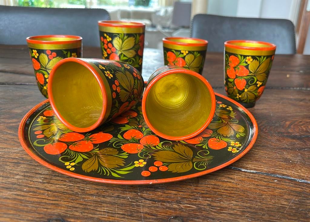 Vintage Russische Houten Bekers en Dienblad, Ophalen of Verzenden