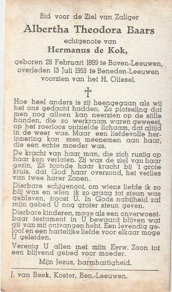 Boven Leeuwen 1889 Beneden Leeuwen 1953 Albertha Baars, Ophalen of Verzenden, Bidprentje