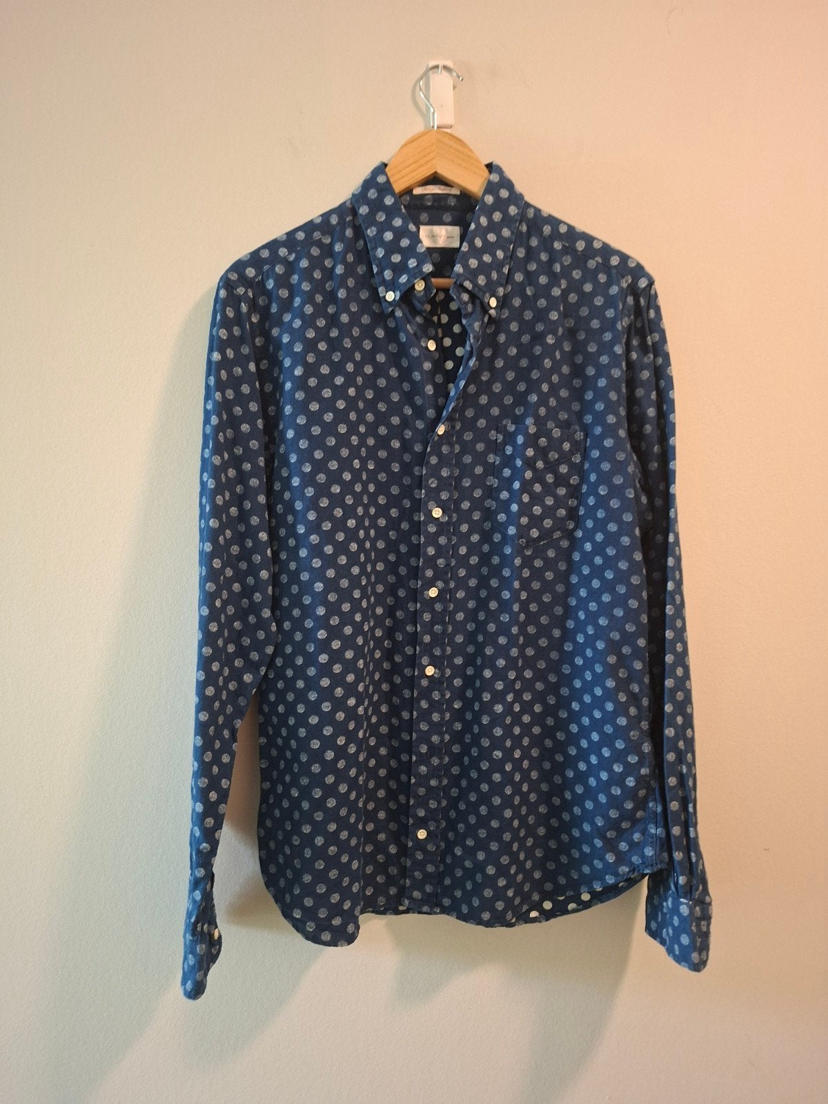 Gant blauw overhemd met stippen, katoen, maat L, Blauw, Ophalen of Verzenden, Zo goed als nieuw, Halswijdte 41/42 (L)