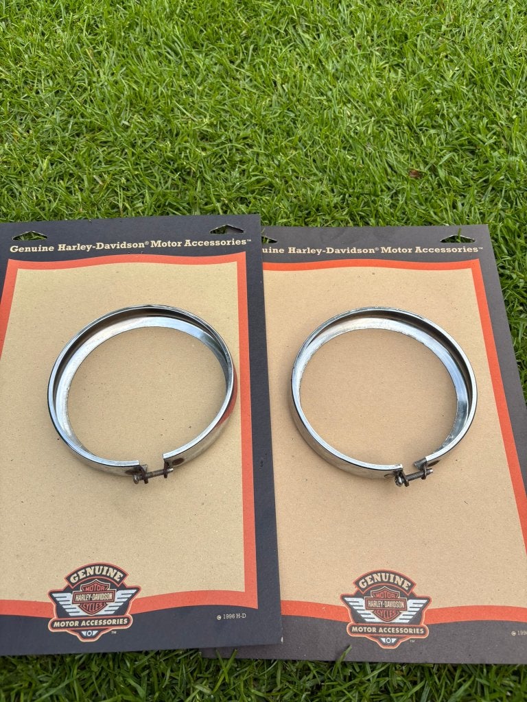 2 originele Harley chromen head light ringen koplamp covers, Ophalen of Verzenden, Gebruikt