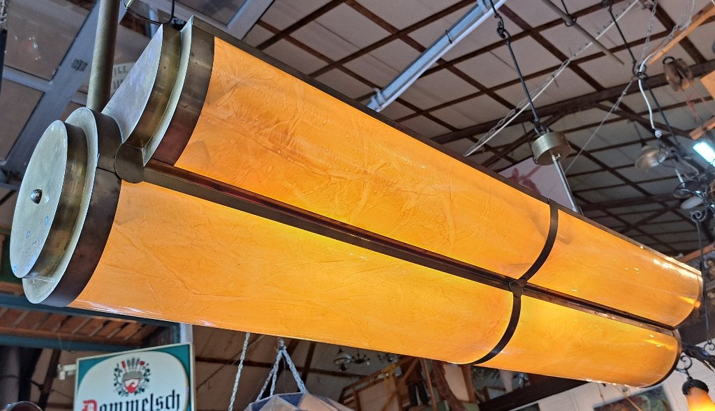 Grote Art Deco hanglamp 143 cm lang en 43 cm breed echt glas, Ophalen