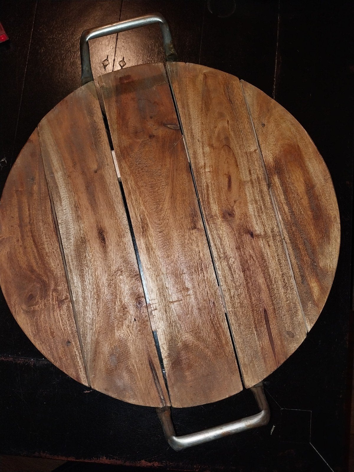 Rond houten dienblad met metalen handvatten, Gebruikt, Rond, Ophalen of Verzenden, Dienblad