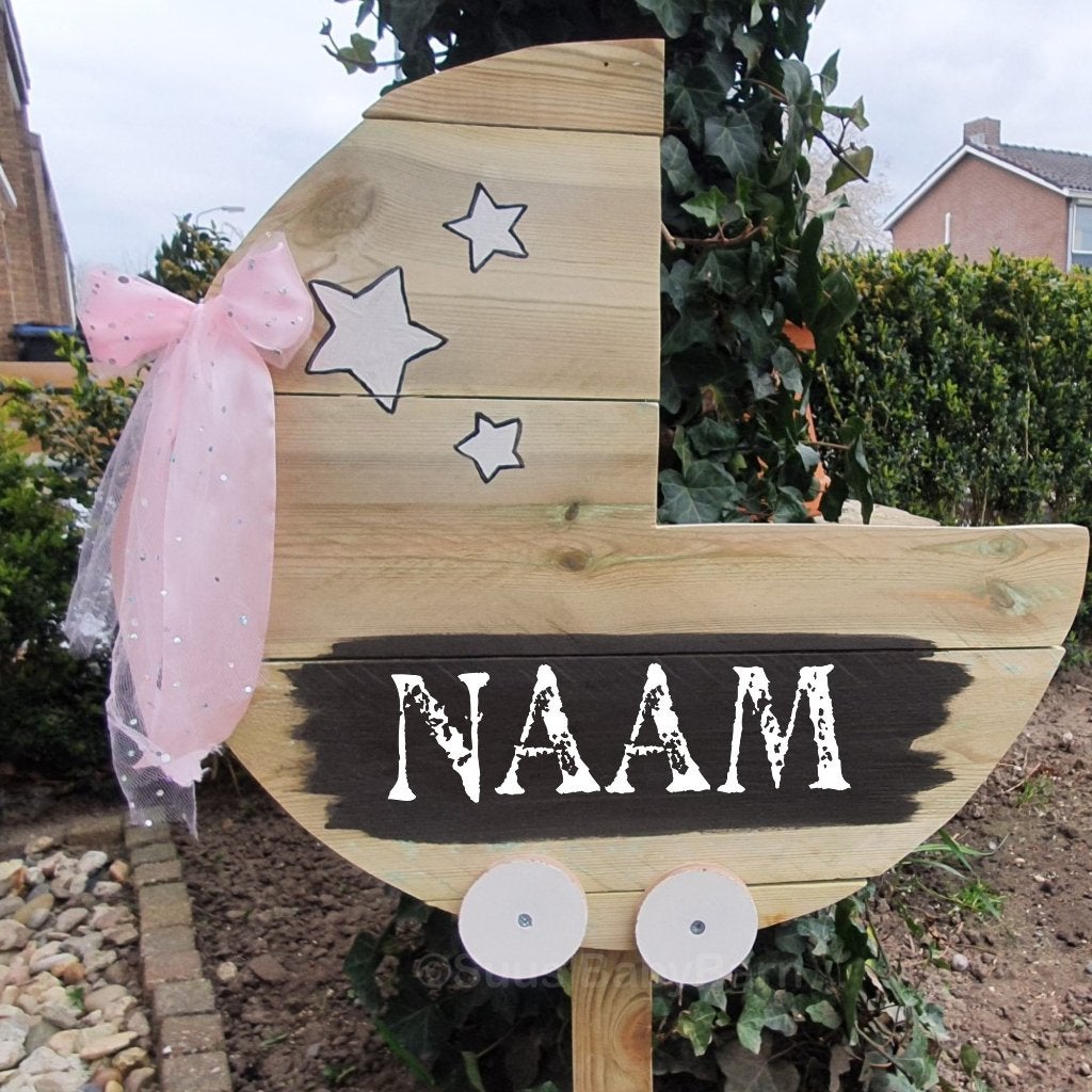 Kinderwagen met Roze Strik en Naambord., Ophalen of Verzenden, Nieuw, Geboortebord