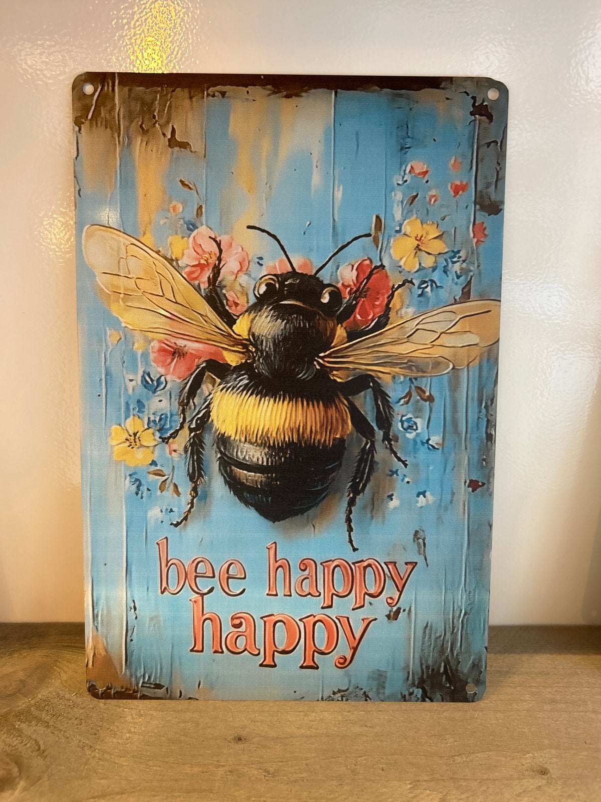 Mooi aluminium plaatje 2D bedrukt 20 x 30 cm - Bee Happy, Metaal, Meerkleurig, Nieuw, Ophalen of Verzenden
