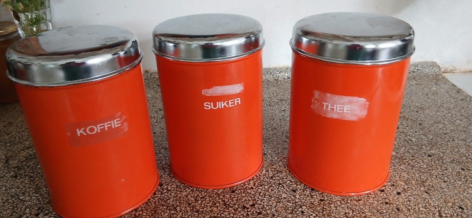 3 oranje emaille Koffie, Suiker en Thee Blik vangers, Ophalen of Verzenden