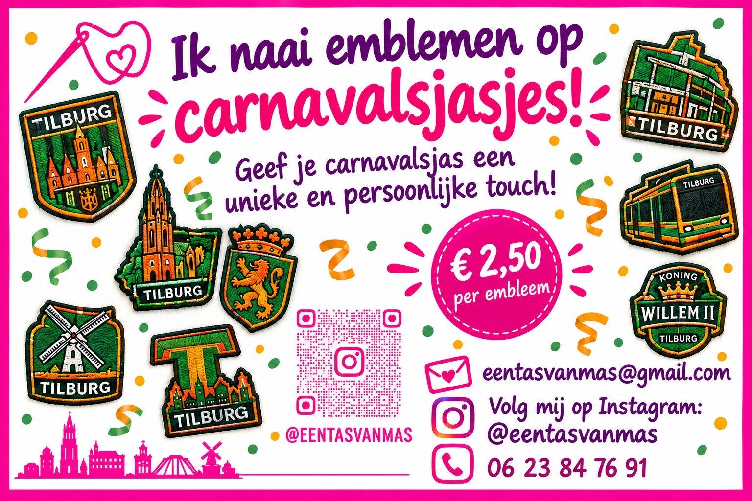 Carnavalsemblemen op je jas! Met de naaimachine er op gezet, Maat 38/40 (M), Carnaval, Nieuw, Ophalen of Verzenden
