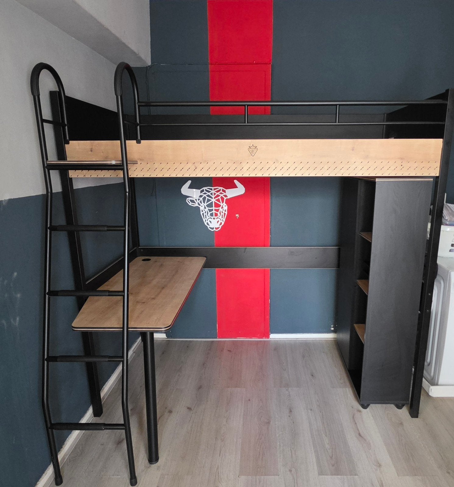 Hoogslaper tienerbed met bureau en boekenkast - Zwart/Hout, Ophalen, Gebruikt, Eenpersoons, 200 cm
