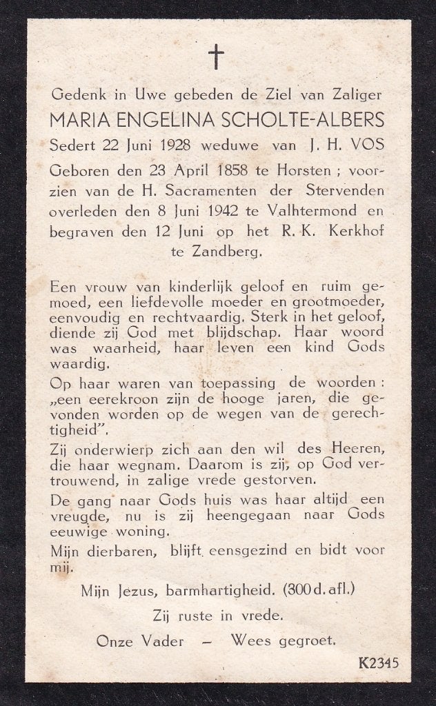 Scholte Albers Maria 1858 Horsten 1942 Valhtermond, Ophalen of Verzenden, Bidprentje